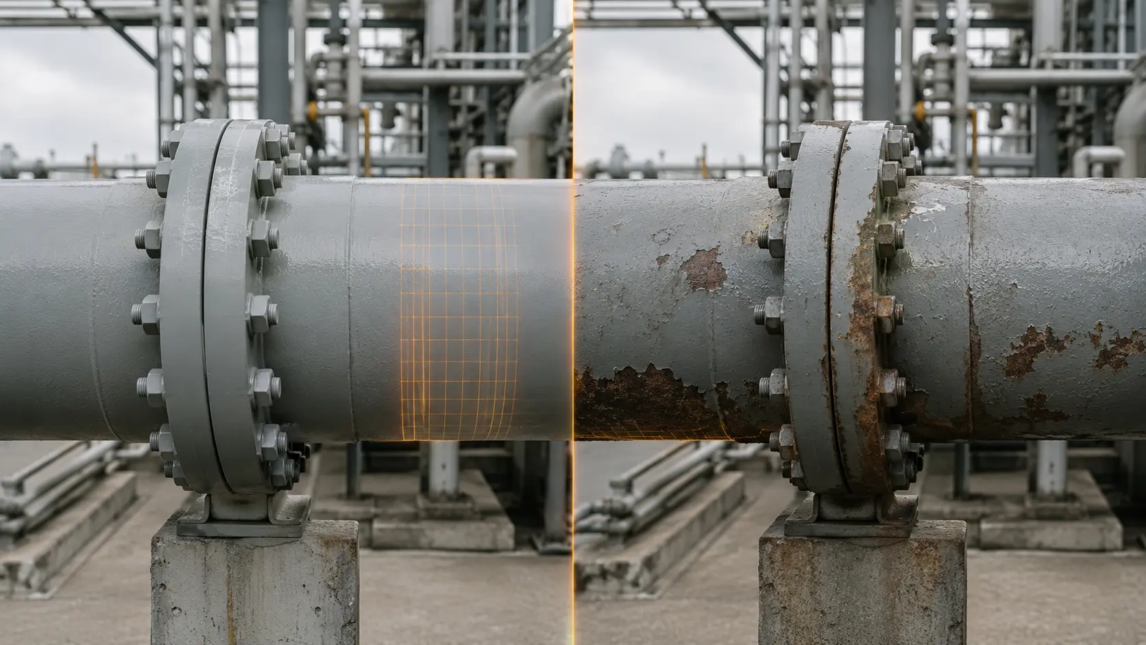 The same industrial pipeline is compared at two points in time to reveal coating loss and corrosion progression