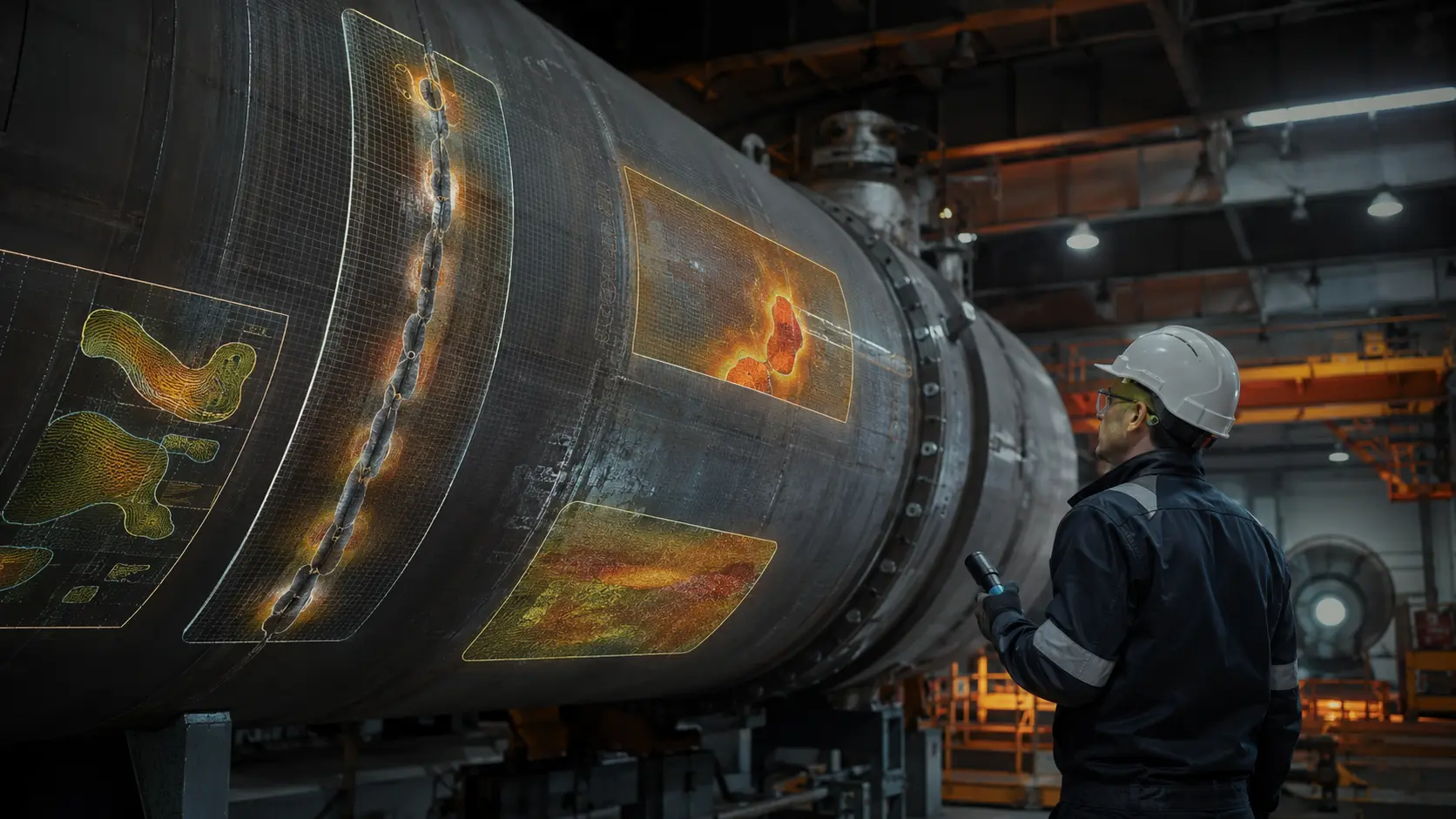 An inspection engineer reviews condition evidence aligned to corrosion and weld areas on a pressure vessel