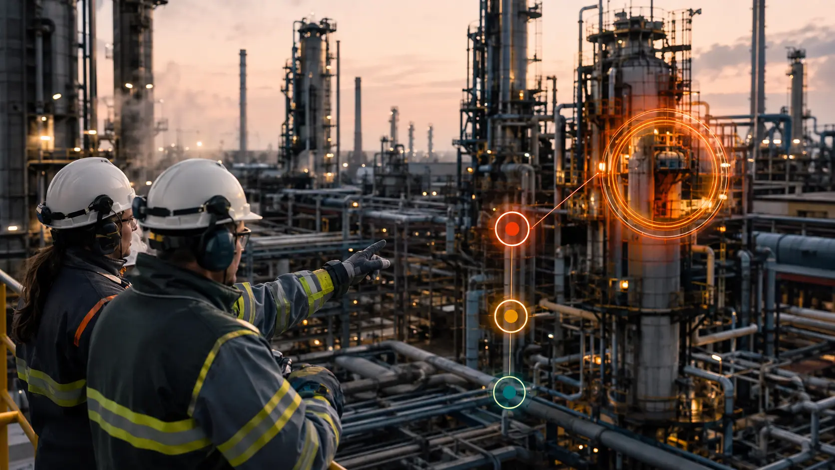 A maintenance team reviews spatially ranked findings across an operating process facility