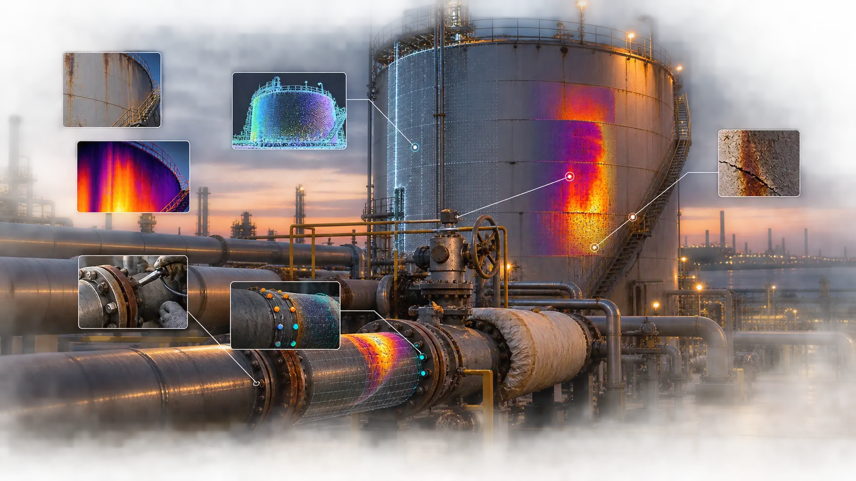 Visual, thermal, ultrasonic and 3D inspection evidence is precisely linked to a storage tank and pipe system