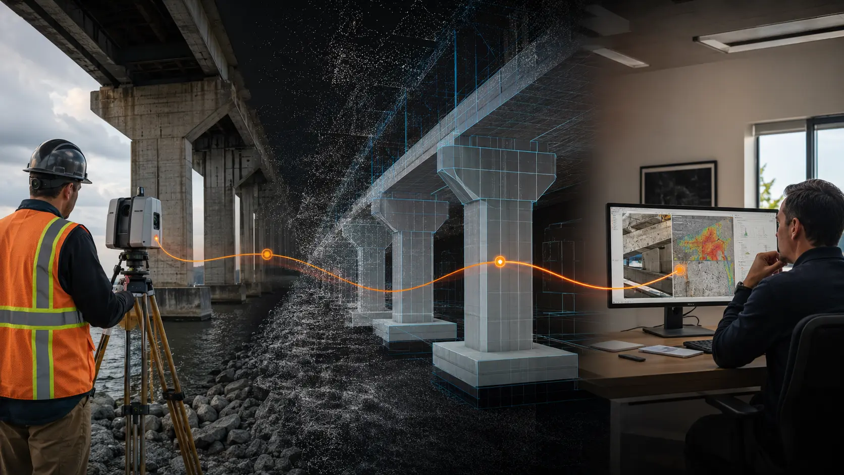 A field specialist captures a bridge while the same asset becomes a point cloud, engineering model and prioritized decision