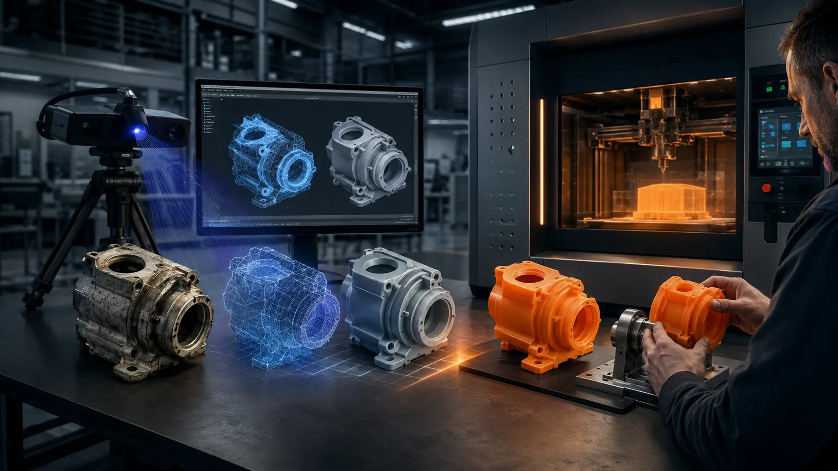 A legacy mechanical component moves from 3D scan to refined digital model and a printed validation prototype