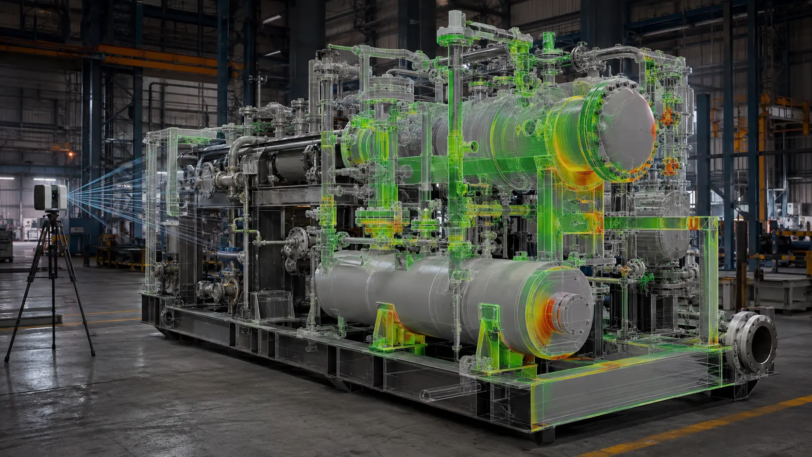 An industrial skid is scanned and aligned with its design model to reveal fit and dimensional deviations