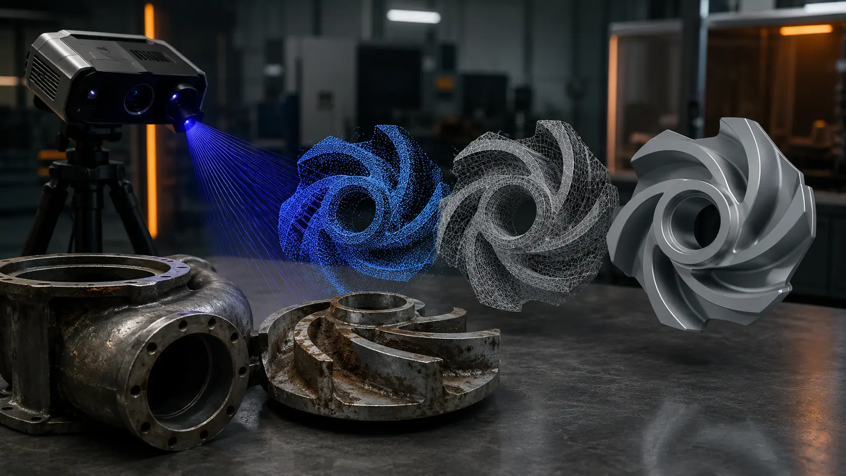 A worn industrial impeller is scanned, reconstructed as a digital mesh and converted into a precise engineered model