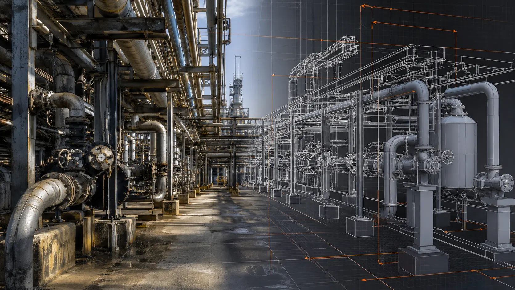 A brownfield pipe rack transitions from the physical installation into precise CAD linework and an as-built model