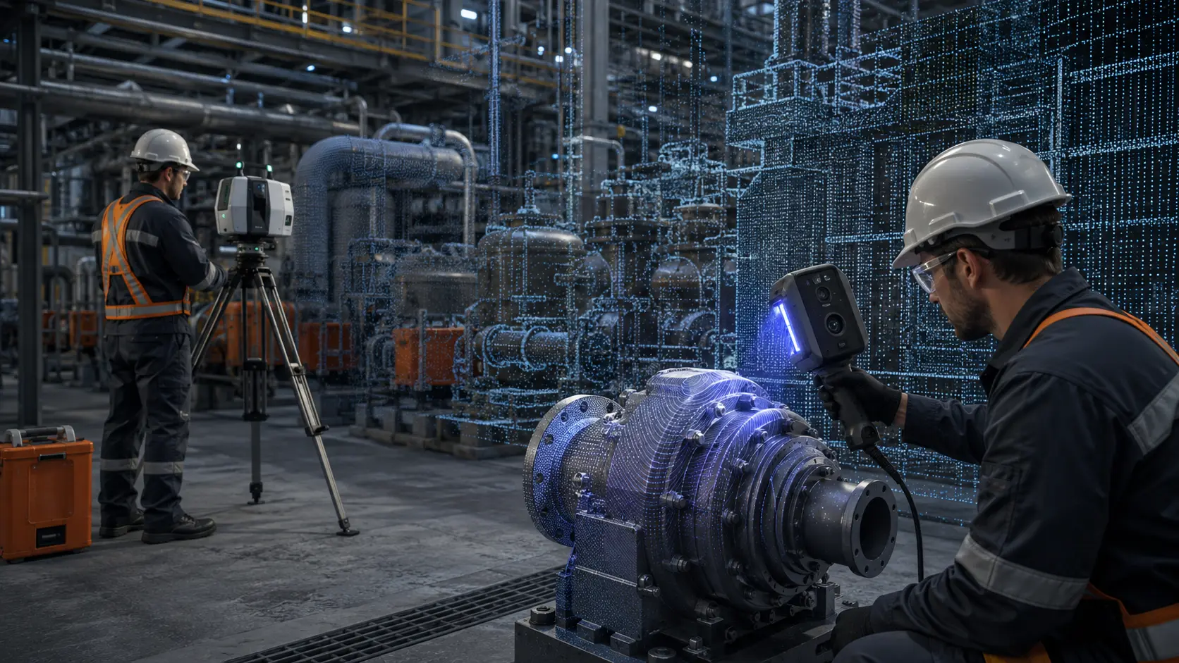 Laser scanning and structured-light capture create accurate point-cloud data from an industrial pump installation