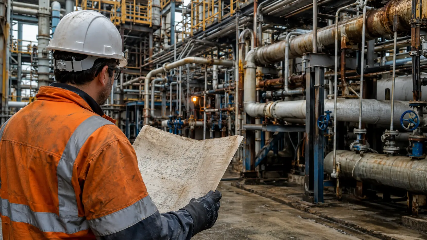 An engineer compares an outdated drawing with the actual brownfield pipework installed on site