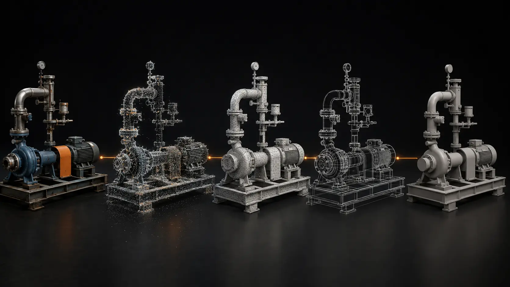 A pump skid progresses from the physical asset through a point cloud and mesh to drawings and a coordinated digital model