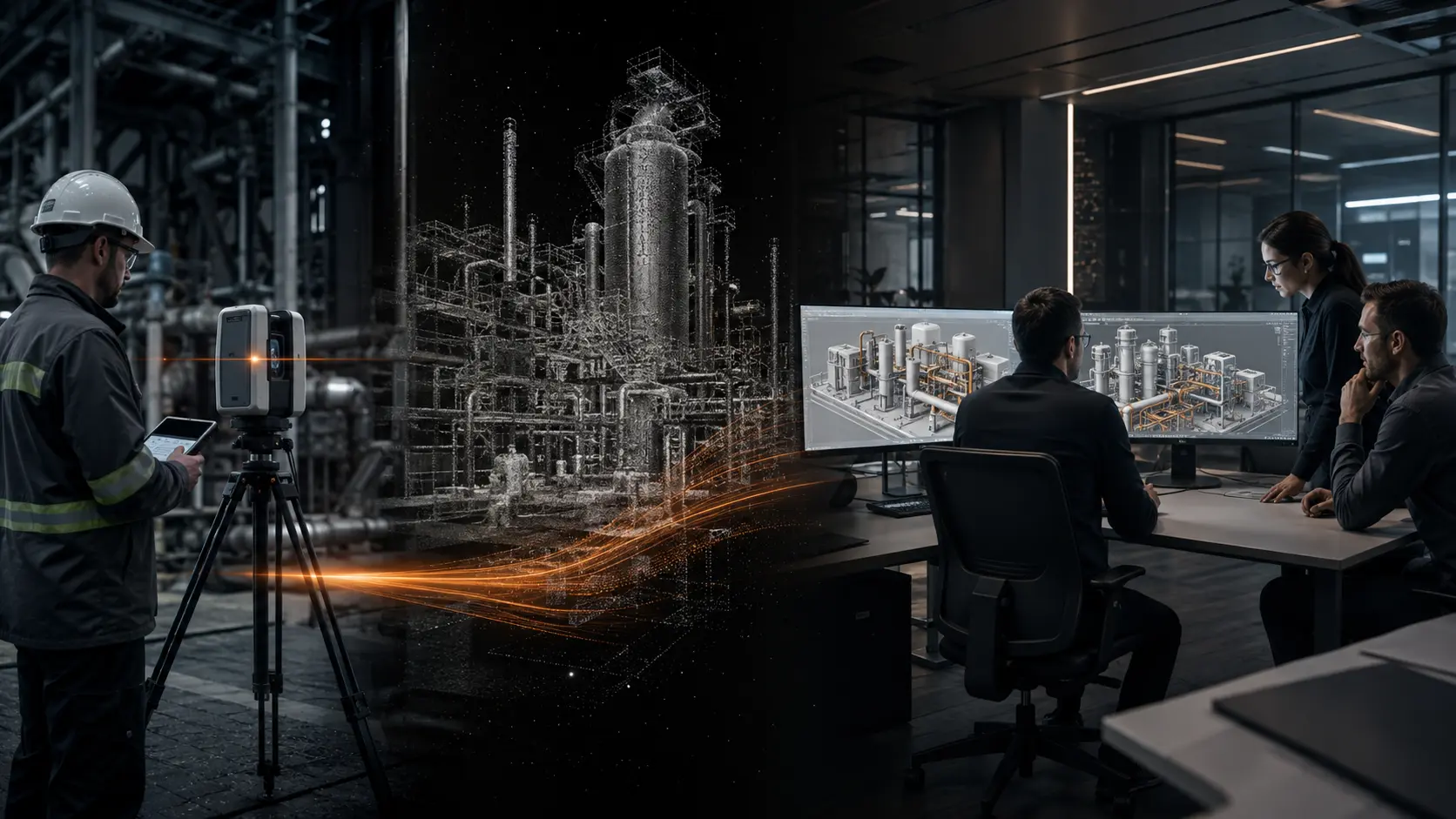 A field scan flows into a registered point cloud and then into an engineering-ready digital model