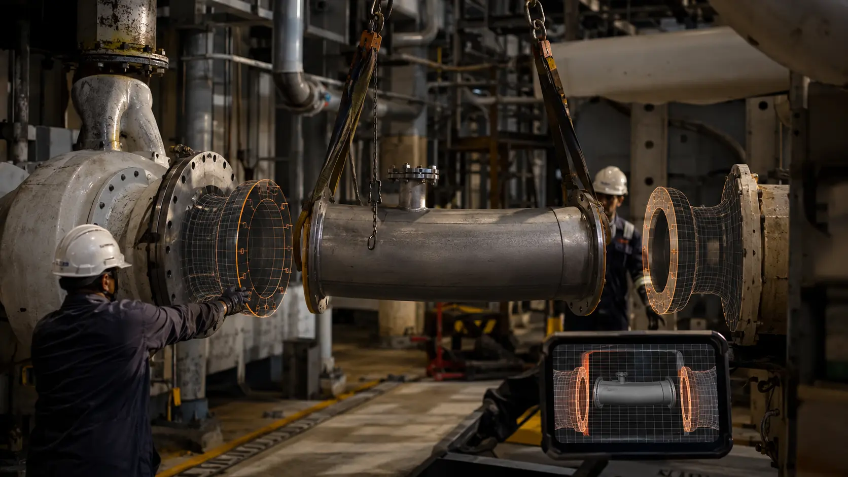 A prefabricated pipe spool is aligned accurately with an existing industrial installation before final fit-up